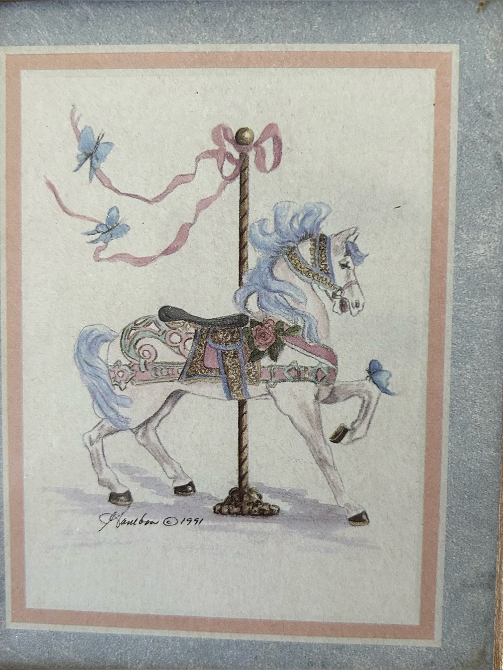 Vintage 1991 carousel horse framed art print by Consuelo Gamboa art decor - Picture 2 of 6
